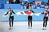 From left: Choi Min-jeong, Kim Gil-li and Lee So-yeon celebrate after crossing the finish line one after another in Harbin, China, on Saturday Feb. 8. [NEWS1]