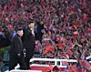 Chinese President Xi Jinping, accompanied by Kim Jong Un, chairman of the Workers' Party of Korea (WPK) and chairman of the State Affairs Commission of the Democratic People's Republic of Korea (DPRK), watch a large group callisthenics and art performance at the May Day Stadium in Pyongyang, DPRK, June 20, 2019. [XINHUA/YONHAP]