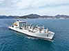 Hanwha Ocean announced on March 13 that the U.S. Navy’s logistics support vessel USNS Wally Schirra had set sail after successful completion of maintenance and repairs — the first such contract awarded to a Korean company. The photo shows the Wally Schirra departing following its successful overhaul. [HANWHA OCEAN]