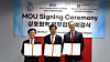 Right to left, Gregory Hill, chief administrative officer of the University of Utah Asia Campus, Jinju K-Entrepreneurship Foundation Chairman Kim Jong-wook and Jinju Mayor Jo Kyoo-il Jo hold copies of a signed MOU on Monday at the Utah Asia Campus in Songdo, Incheon. [UNIVERSITY OF UTAH ASIA CAMPUS]
