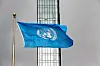 The United Nations flag flies on a stormy day at the UN in New York during the United Nations General Assembly on Sept. 22, 2022. [AP/YONHAP]
