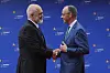 Albanian Prime Minister Edi Rama, left, welcomes Germany's Federal Chancellor Friedrich Merz ahead of a summit where the leaders of 47 European countries and organizations will discuss security, defense and democratic standards against the backdrop of Russia's war on Ukraine, in Tirana, Albania, May 16. [AP/YONHAP]