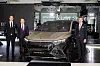 Mathias Vaitl, far right, CEO of Mercedes-Benz Korea, Daniel Lescow, center, head of Mercedes-Maybach at Mercedes-Benz Group, and Kilian Thelen, vice president of product, marketing and digital business at Mercedes-Benz Korea, pose for a photo with the Mercedes-Maybach EQS SUV during a media event Thursday in eastern Seoul. [MERCEDES-BENZ KOREA]