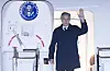 U.S. Secretary of State Antony Blinken waves as he departs a plane at Osan Air Base in Pyeongtaek, Gyeonggi, on Nov. 18, 2023. [YONHAP]