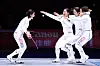 The Korean women's epee team celebrate after beating Hong Kong in the final of the team epee event at the Hangzhou Asian Games at Hangzhou Dianzi University Gymnasium Final Piste in Hangzhou, China on Wednesday. [NEWS1]