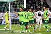 Jeonbuk Hyundai Motors, in green, celebrate during the first leg of the Korea Cup semifinal against Gangwon FC at Jeonju World Cup Stadium in Jeonju, North Jeolla, on Aug. 20. [YONHAP]