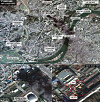 A high-resolution satellite image shows a fire in central Pyongyang on Nov. 2, and damage observed the following day. [SI-ANALYTICS]