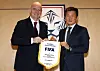 FIFA President Gianni Infantino, left, poses for a photo with Korea Football Association (KFA) President Chung Mong-gyu at KFA House in central Seoul on Oct. 28. [NEWS1]
