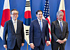 The top diplomats of South Korea, the United States and Japan pose for a commemorative photo ahead of their meeting, held for the first time in about two months, at the North Atlantic Treaty Organization (NATO) headquarters in Brussels, Belgium, on April 3. From left, South Korean Minister of Foreign Affairs Cho Tae-yul, U.S. Secretary of State Marco Rubio and Japanese Foreign Minister Takeshi Iwaya. [YONHAP]