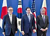 The top diplomats of South Korea, the United States and Japan pose for a commemorative photo ahead of their meeting, held for the first time in about two months, at the North Atlantic Treaty Organization (NATO) headquarters in Brussels, Belgium, on April 3. From left, South Korean Minister of Foreign Affairs Cho Tae-yul, U.S. Secretary of State Marco Rubio and Japanese Foreign Minister Takeshi Iwaya. [YONHAP]