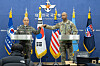 South Korean Joint Chiefs of Staff spokesperson Col. Lee Sung-jun, left, and United States Forces Korea spokesperson Col. Isaac Taylor pose during their joint press briefing on Wednesday at the Defense Ministry in Yongsan District, central Seoul, where they announced details regarding the allies' upcoming Freedom Shield exercise. [JOINT CHIEFS OF STAFF]