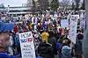 People gather in Town Square Park to protest against President Trump and his policies on April 19 in Anchorage, Alaska. [AP/YONHAP]