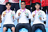 From left, Kim Je-deok, Kim Woo-jin and Lee Woo-seok of Korea pose with their gold medals won in the recurve men's team event at the World Archery Championships at the May 18 Democracy Plaza in Gwangju on Sept. 10. [YONHAP]