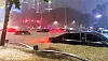 Cars are stuck on flooded roads near Daechi Station in Gangnam District, southern Seoul on Aug. 8, 2022. [YONHAP]
