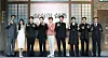 The cast and showrunner of Disney+ original series ″Uncle Samsik″ pose for cameras during a press conference at the Grand InterContinental Seoul Parnas hotel in Gangnam District, southern Seoul, on Tuesday. From left are Yoo Jae-myung, Tiffany Young, Seo Hyun-woo, Byun Yo-han, Shin Yeon-shick, Song Kang-ho, Jin Ki-joo, Oh Seung-hoon and Joo Jin-mo. [NEWS1]