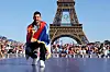 Serbia's Novak Djokovic, gold medalist in the men's tennis singles, poses at Champions Park in Paris on Monday. [AFP/YONHAP]