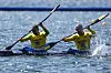 Ukraine's Oleh Kukharyk and Ihor Trunov compete in the men's kayak double 500-meter quarterfinals at the Paris Olympics in Vaires-sur-Marne, France on Tuesday. [AP/YONHAP]