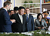 North Korean leader Kim Jong-un, second from left, and Foreign Minister Choe Son-hui, second from right, listen to Far Eastern Federal University Rector Boris Korobets, during their visit to the university on Russky Island on Sept. 17. [TASS/YONHAP]