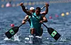 Jacky Jamael Nascimento Godmann of Brazil and Isaquias Guimaraes Queiroz of Brazil in action during the men's canoe doubles 500-meter quarterfinals in Vaires-sur-Marne, France on Tuesday. [REUTERS/YONHAP]
