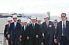 President Lee Jae Myung, center, tours Hanwha Philly Shipyard in Philadelphia, Pennsylvania, on Aug. 26, accompanied by Hanwha Group Vice Chairman Kim Dong-kwan, second from right. [JOINT PRESS CORPS]