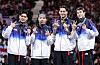 From left: Korea's Gu Bong-gil, Park Sang-won, Oh Sang-uk and Do Gyeong-dong pose with their medals after winning the men's sabre team competition at the 2024 Paris Olympics in Paris on Wednesday.  [NEWS1]