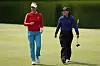 Korea's Kang Hae-ji and Kim In-kyung react on the fifth green during the final round of the Dow Championship at Midland Country Club on Sunday in Midland, Michigan. [AFP/YONHAP]