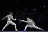 Hungary's Andras Szatmari, left, competes with Korea's Oh Sang-uk in the men's team sabre final at the Grand Palais in Paris on Wednesday. [AP/YONHAP]