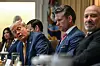 U.S. President Donald Trump speaks alongside Secretary of Defense Pete Hegseth and Secretary of Commerce Howard Lutnick during a cabinet meeting in the Cabinet Room of the White House in Washington on July 8. [AFP/YONHAP]