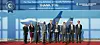 Representatives from General Atomics and Huneed Technologies, including General Atomics Aeronautical Systems Vice President Charles McVicker, fifth from left, and Huneed Chairman Eugene Kim, third from right, pose for a commemorative photo. [HUNEED TECHNOLOGIES]