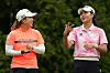 Mao Saigo of Japan and Sung Yu-jin of Korea react on the sixth tee during the second round of the Dow Championship at Midland Country Club on Friday in Midland, Michigan. [AFP/YONHAP]
