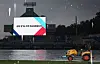 The cancellation of Monday's postseason game between the LG Twins and Samsung Lions is announced on the jumbotron at Daegu Samsung Lions Park in Daegu. [NEWS1]