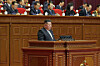 North Korean leader Kim Jong-un, center, speaks during the Ninth Party Congress of the Workers’ Party in Pyongyang on Feb. 23, in this photo released by the state-run Rodong Sinmun on Feb. 24. [NEWS1]