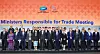 Ministers and heads of international organizations, including Korean Minister for Trade Cheong In-kyo, Jamieson Greer, U.S. trade representative, and Li Chenggang, China’s vice minister of commerce and international trade negotiator, pose for photos during the Asia-Pacific Economic Cooperation trade ministers’ meeting in Jeju on May 15. [YONHAP]