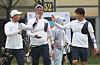 Korean archers Lee Woo-seok, Kim Woo-jin and Kim Je-deok (from left to right) celebrate their 5-4 win over Japan in the semifinals of the men's recurve team event at the World Archery Championships at Gwangju International Archery Center in Gwangju, 270 kilometers south of Seoul, on Sept. 9, 2025. [YONHAP]