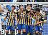 Ulsan Hyundai players celebrate after sealing the 2023 K League title following a league match against Daegu FC at Ulsan Munsu Football Stadium in Ulsan on Sunday. [YONHAP]