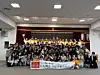 A Korean student delegation and Japanese Awa Odori performers pose for a commemorative photo at Mima City Hall in Tokushima Prefecture in Japan on Jan. 24. [LEE SOO-JUNG]