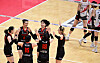 The Gwangju Pepper Savings Bank AI Peppers, left, celebrate during a V League game against the Daejeon Jung Kwan Jang Red Sparks at Pepper Stadium in Gwangju on Feb. 19. [YONHAP]