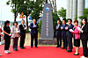 President Yoon Suk Yeol, fourth from left, claps as the stone marker inscribed with the name of the Korea AeroSpace Administration in Korean is unveiled in Sacheon, South Gyeongsang, during the agency's opening ceremony on Thursday. [JOINT PRESS CORPS]