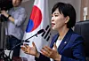Jeon Hyun-hee, then chairperson of the Anti-Corruption and Civil Rights Commission, speaks during a press conference at the Seoul Government Complex in Jongno District on June 26, 2023, one day before her retirement. Appointed under the Moon Jae-in administration, Jeon was the last minister-level official from the previous government to complete her full three-year term. [YONHAP]
