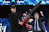 Elon Musk holds up a chainsaw he received from Argentinian President Javier Milei, right, as they arrive to speak at the Conservative Political Action Conference at the Gaylord National Resort & Convention Center on Feb. 20, in Oxon Hill, Maryland. [AP/YONHAP]