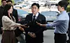 Bang Si-hyuk, chairman and founder of K-pop powerhouse HYBE, is seen in front of the Seoul Metropolitan Police Agency's Mapo District office on Sept. 15, 2025. [YONHAP]