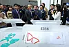 Heads of Korea's three largest battery makers, in the front row, tour SK On's booth at InterBattery 2024 in southern Seoul in March. [YONHAP]