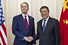 U.S. Secretary of the Treasury Scott Bessent, left, shakes hands with Chinese Vice Premier He Lifeng, right, during a bilateral meeting between the United States and China, in Geneva, Switzerland, on May 10. [AP/YONHAP]