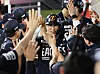 Chae Eun-seong of the Hanwha Eagles is congratulated by teammates after hitting a grand slam against the KT Wiz during the clubs' KBO regular-season game at KT Wiz Park in Suwon, Gyeonggi, on July 20. [YONHAP]