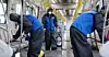 Disinfection workers sanitize a line No. 9 subway car at a depot in Gangseo District, western Seoul, amid concerns over bedbugs, on Nov. 9, 2023. [NEWS1]