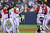 LG Twins players celebrate their 3-2 win over the Lotte Giants in the clubs' Korea Baseball Organization regular-season game at Jamsil Baseball Stadium in Seoul on July 20. [YONHAP]