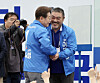 Actor Lee Won-jong, right, shakes hands with then-Democratic Party presidential candidate Lee Jae Myung during a rally in Goyang, Gyeonggi, on May 20, 2025. [KIM SEONG-RYONG]