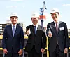 From left, Pennsylvania Governor Josh Shapiro, President Lee Jae Myung and Hanwha Group Vice Chairman Kim Dong-kwan take a commemorative photo at Philly Shipyard on Aug. 26. [JOINT PRESS CORPS]