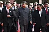 Front from left, Russian President Vladimir Putin, Chinese President Xi Jinping and North Korean leader Kim Jong-un arrive at a military parade to commemorate the 80th anniversary of Japan's World War II surrender in Beijing on Sept. 3. [AP/YONHAP]