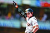 Lee Jung-hoo of the San Francisco Giants gestures after hitting a single in the fifth inning during an Opening Day game against the San Diego Padres at Petco Park in San Diego on March 28.  [AFP/YONHAP]